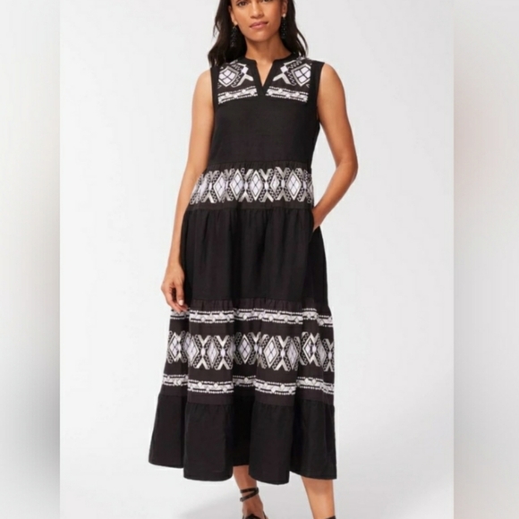 Chicos 100% Linen Embroidered Tiered Maxi Dress Sleeveless Black White 10 Boho - Picture 1 of 6
